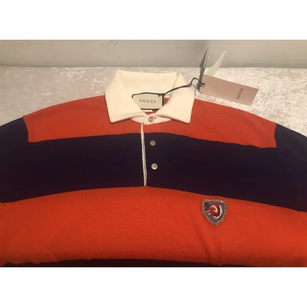 Gucci Blue/Orange Striped Wolf-Patch Oversized Wool Polo Sweater Size S $1200.00